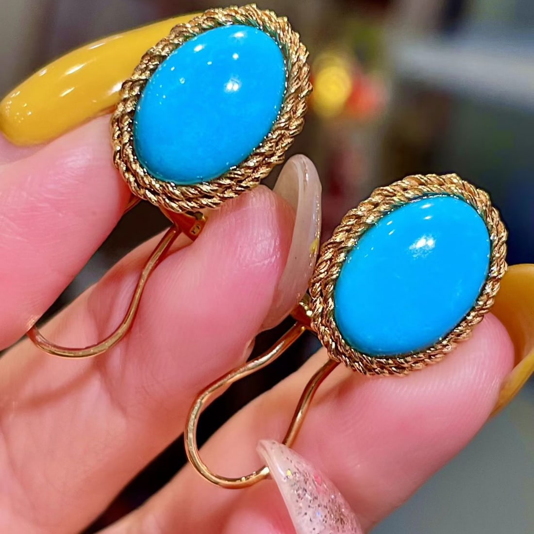14k Gold 7.83 Ct Natural Blue Turquoise Earrings - 2