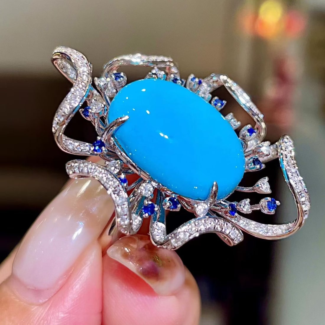 14k Gold 10.26 Ctw Natural Blue Turquoise & Diamond Ring - 2