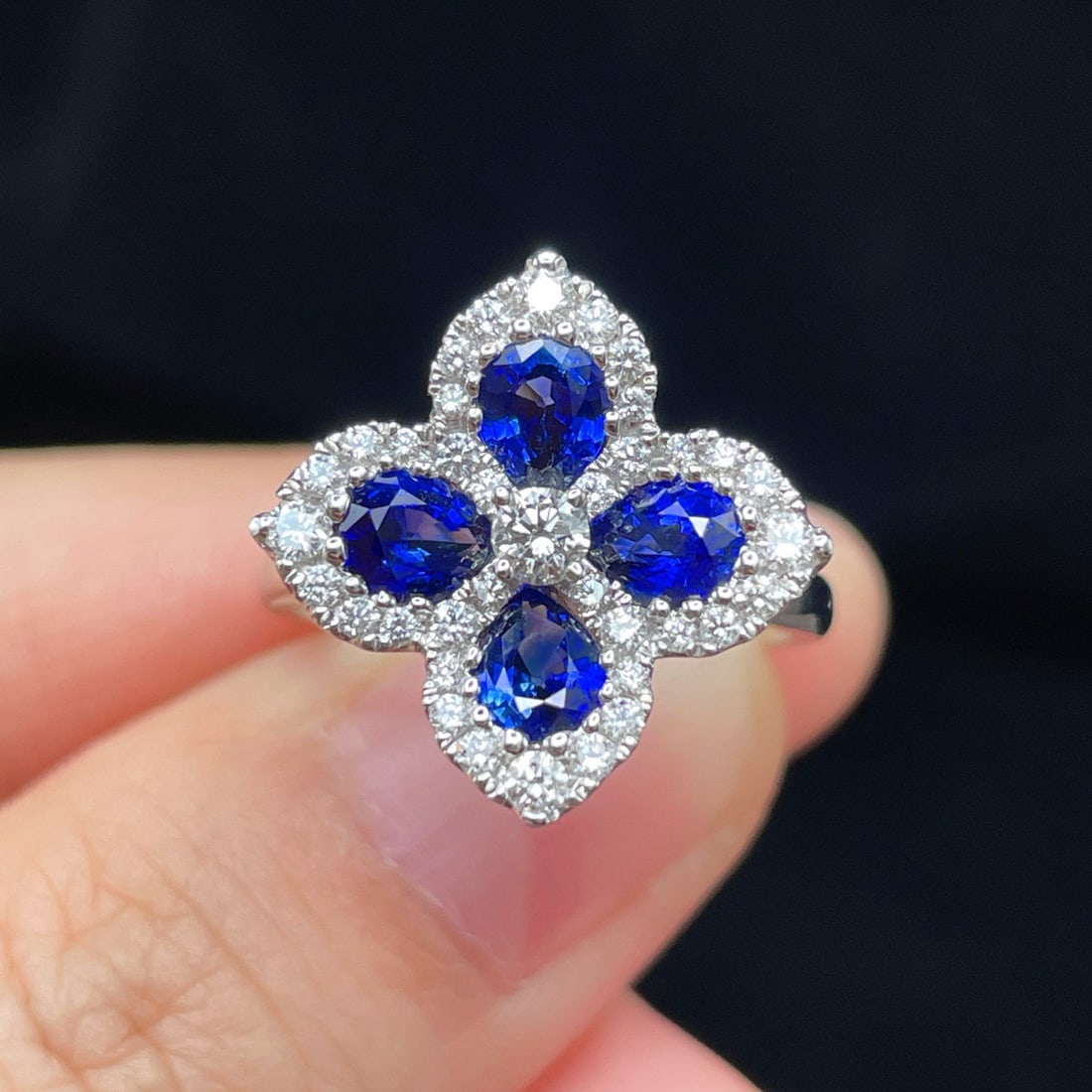 14k Gold 1.73 Ctw Natural Sapphire & Diamond Ring: Ref:231112406 // gold content:14k gold // ring size:7. 25us // // main gemstone:sapphire // shape:pear // carat weight:1. 32ct // color:blue // treatment:natural // // adjacent gemstone 2 :
