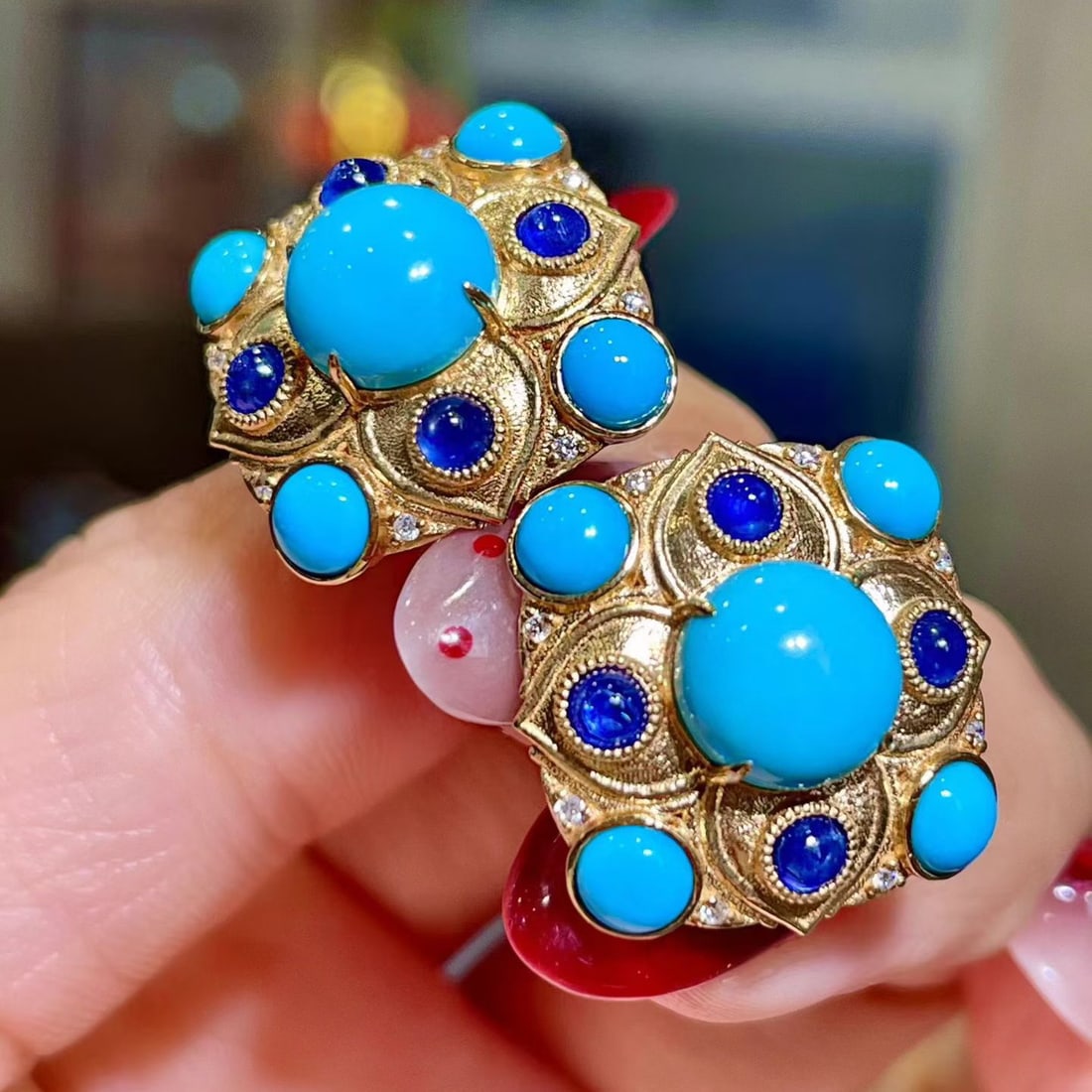 14k Gold 7.52 Ctw Natural Blue Turquoise & Sapphire Earrings - 2