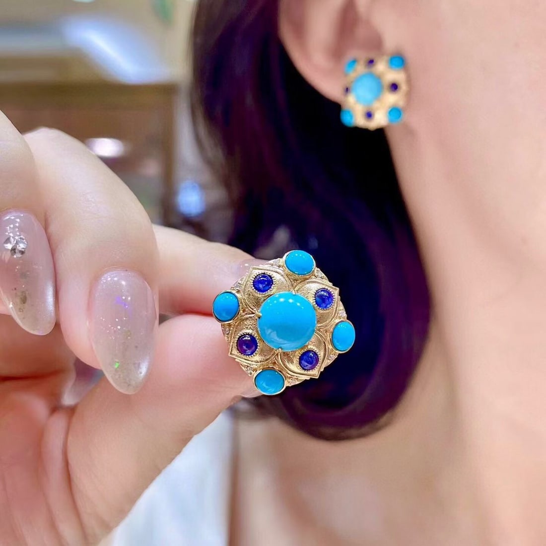 14k Gold 7.52 Ctw Natural Blue Turquoise & Sapphire Earrings - 4