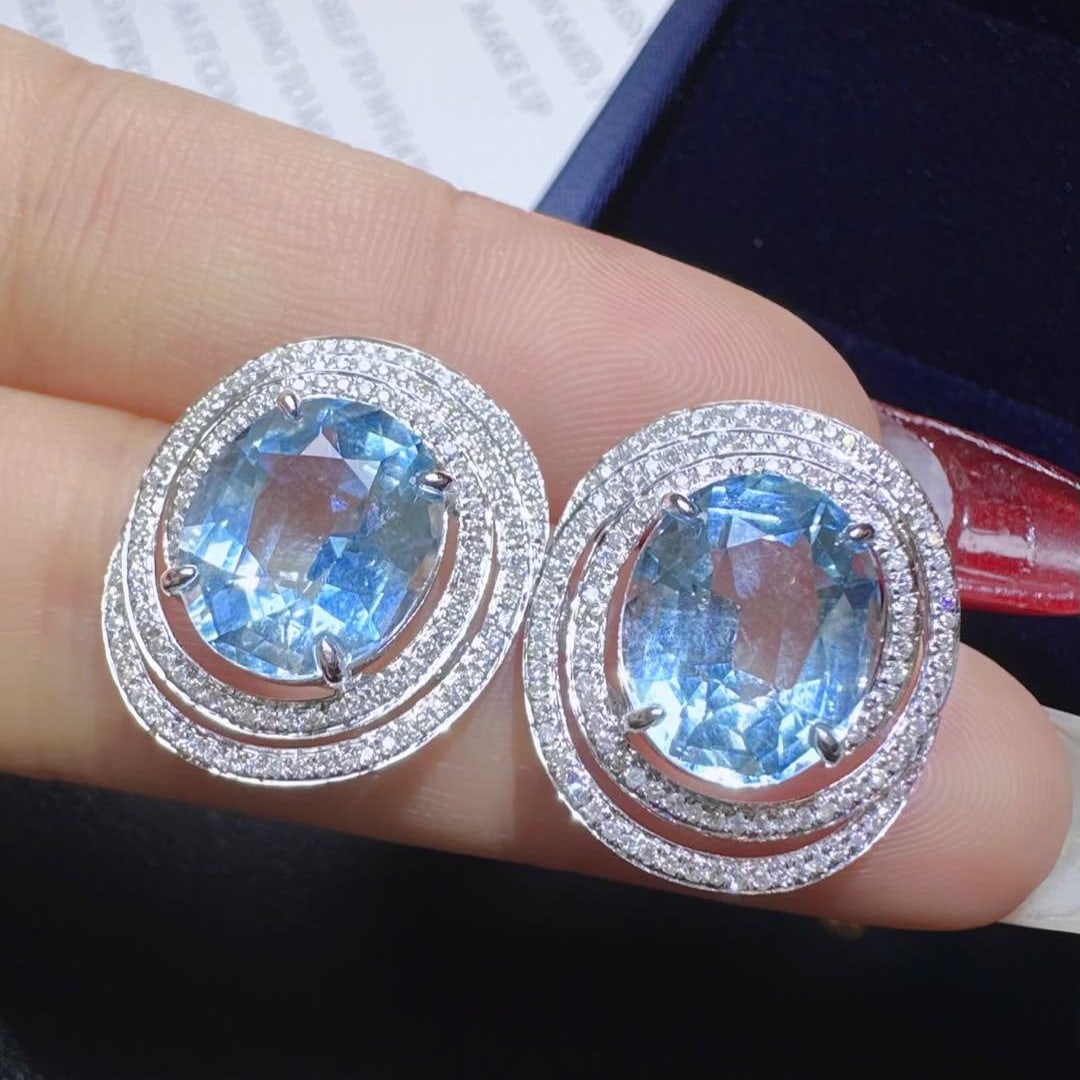 14k Gold 7.75 Ctw Natural Aquamarine & Diamond Earrings - 3