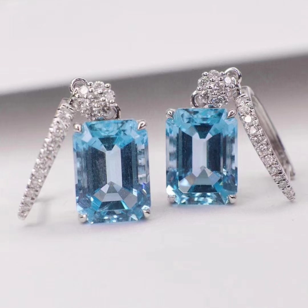 14k Gold 5.77 Ctw Natural Aquamarine & Diamond Earrings - 2