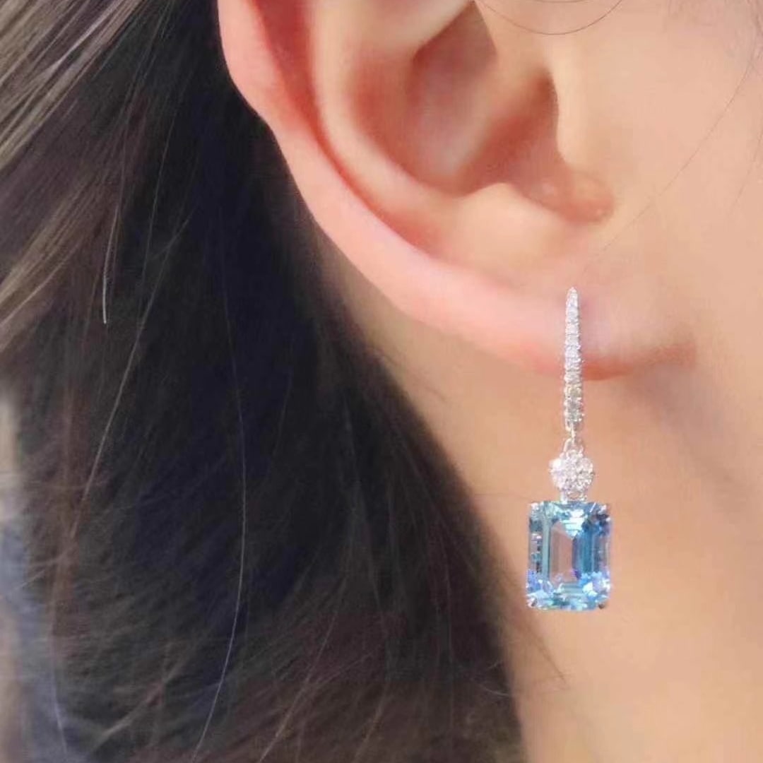 14k Gold 5.77 Ctw Natural Aquamarine & Diamond Earrings - 5