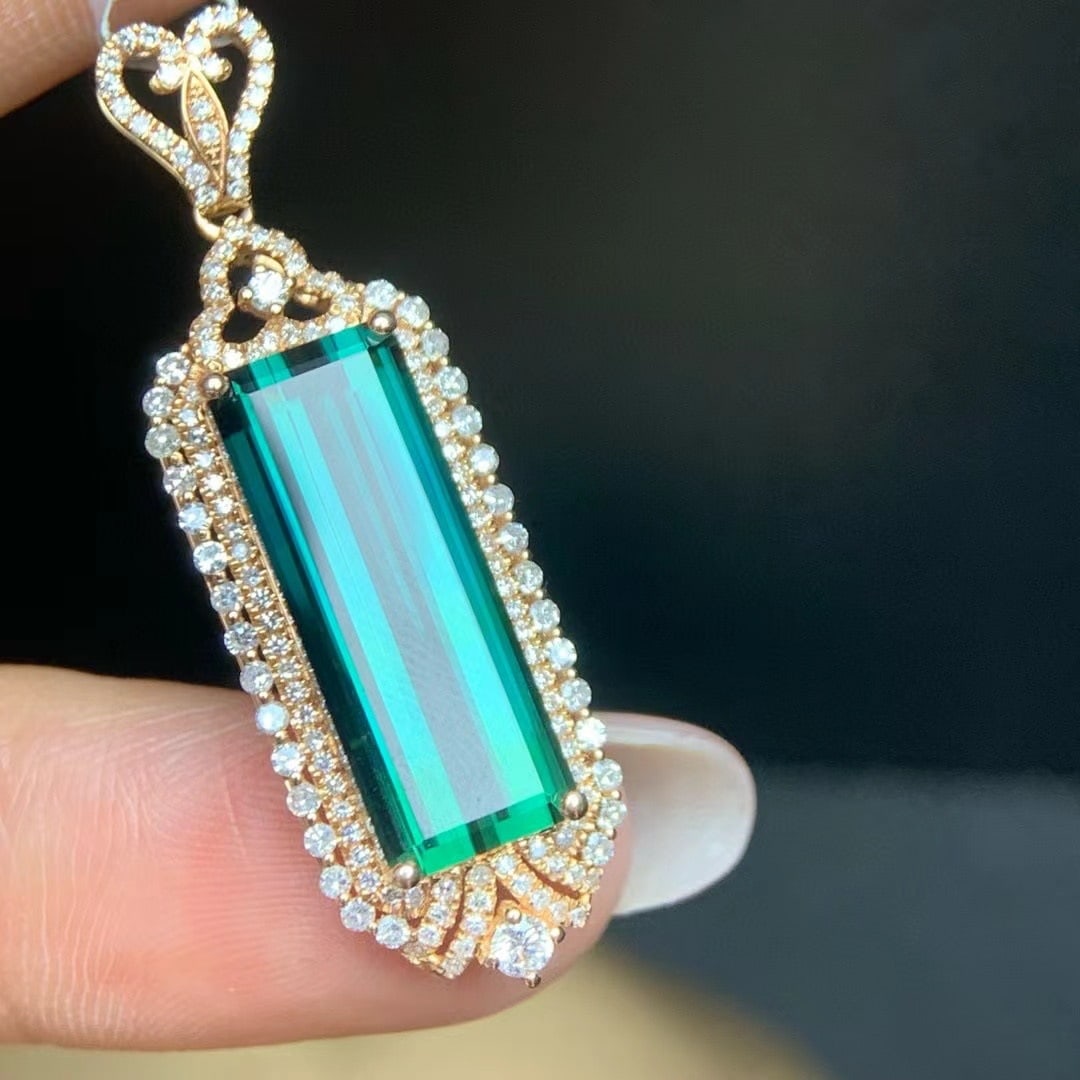 14k Gold 8.10 Ct Natural Tourmaline & Diamond Pendant( Without Chain ) - 8