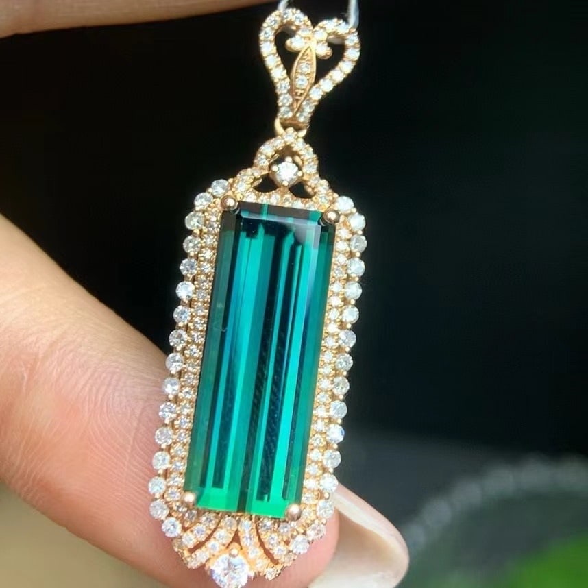 14k Gold 8.10 Ct Natural Tourmaline & Diamond Pendant( Without Chain ) - 9