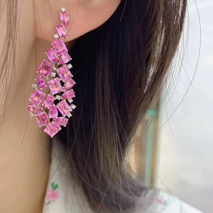 14k Gold 12 Ct Natural Padparadscha Sapphire & Diamond Earrings - 2