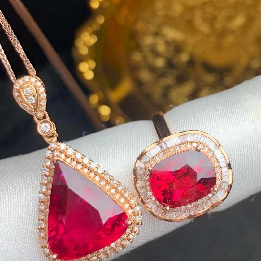 14k Gold 10.05 Ct Natural Tourmaline & Diamond Jewelry Set - 5