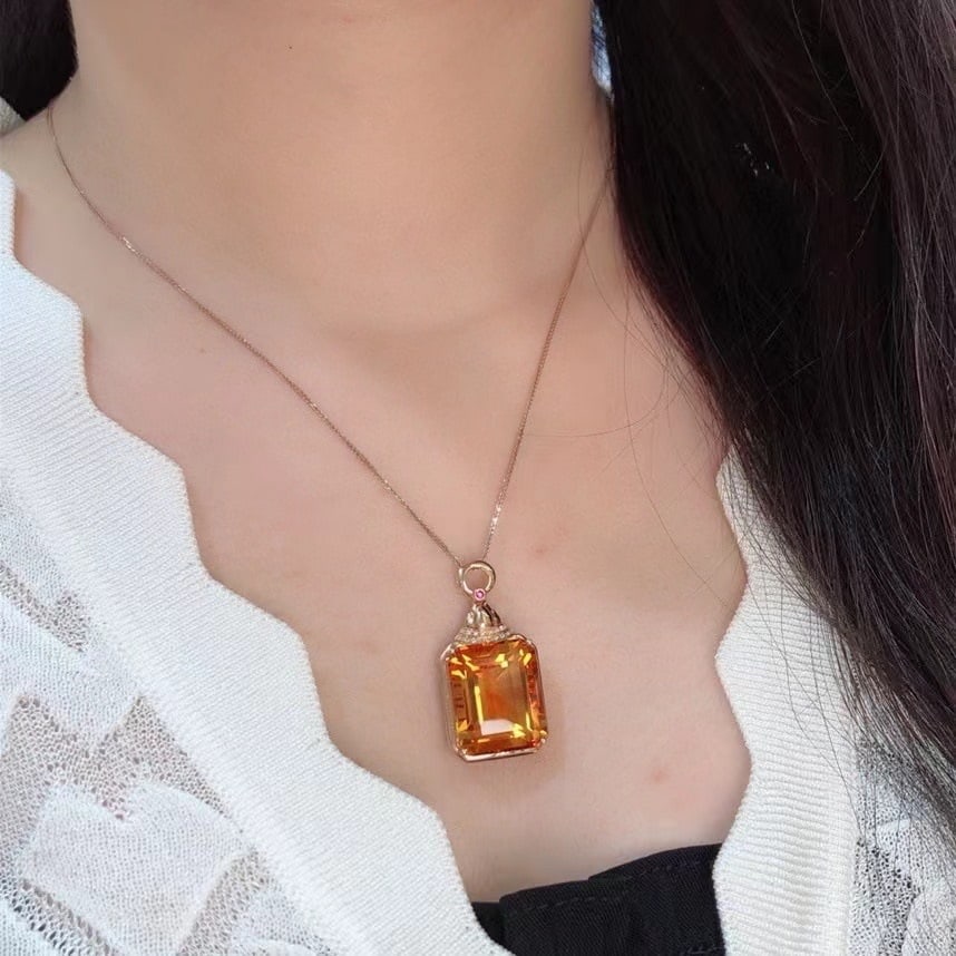 14k Gold 24 Ct Natural Citrine & Diamond Pendant( Without Chain ) - 2