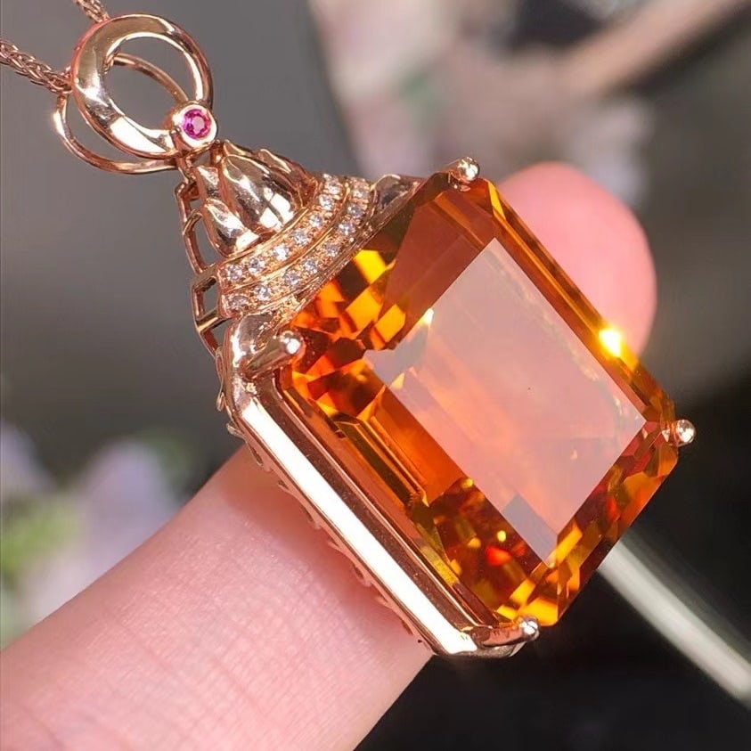 14k Gold 24 Ct Natural Citrine & Diamond Pendant( Without Chain ) - 6