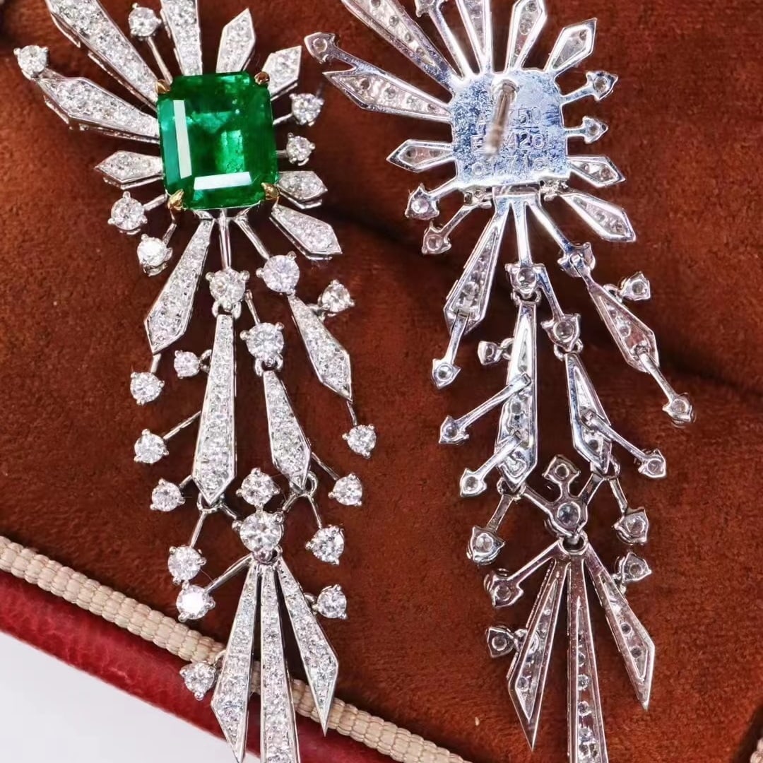 14k Gold 5.13 Ctw Vivid Green Natural Emerald & Diamond Earrings - 3