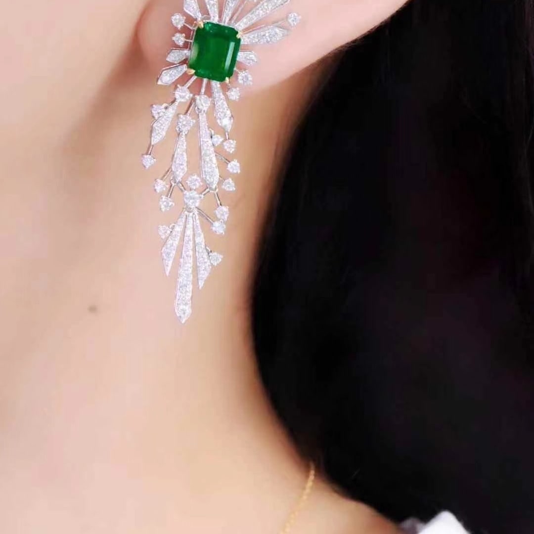 14k Gold 5.13 Ctw Vivid Green Natural Emerald & Diamond Earrings - 5