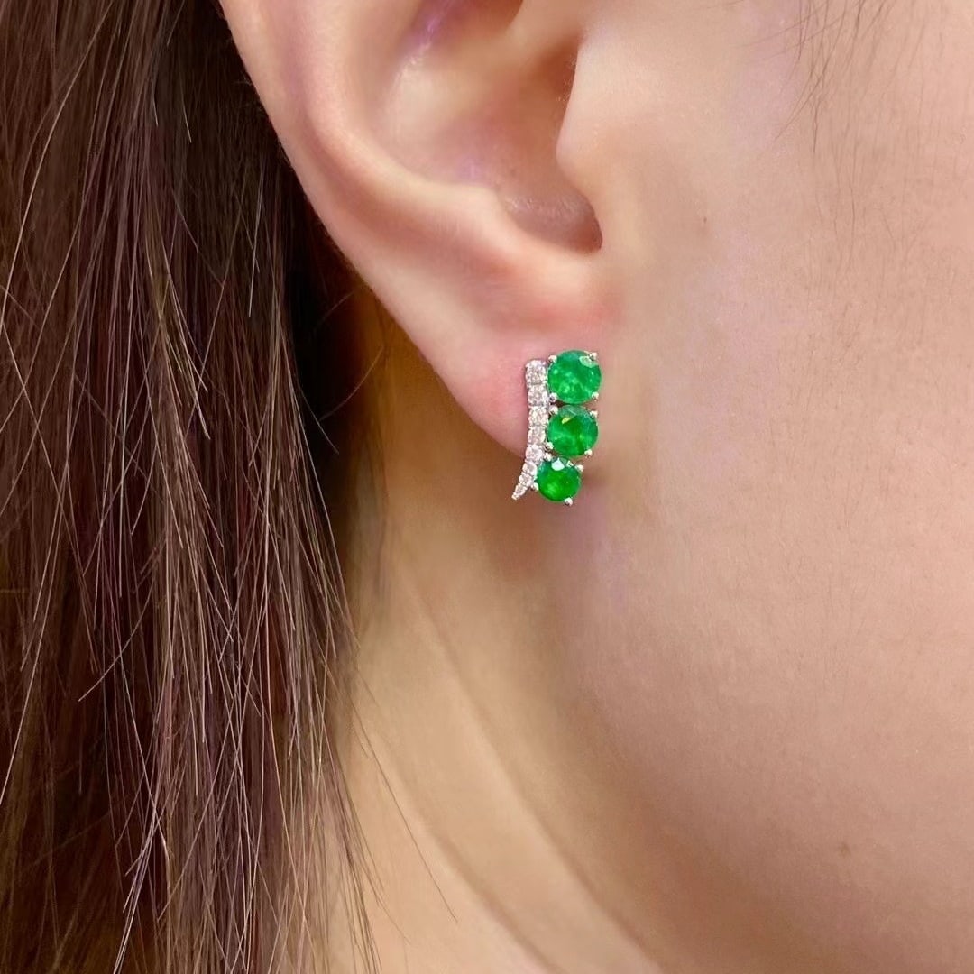 14k Gold 1.89 Ctw Vivid Green Natural Emerald & Diamond Earrings - 5