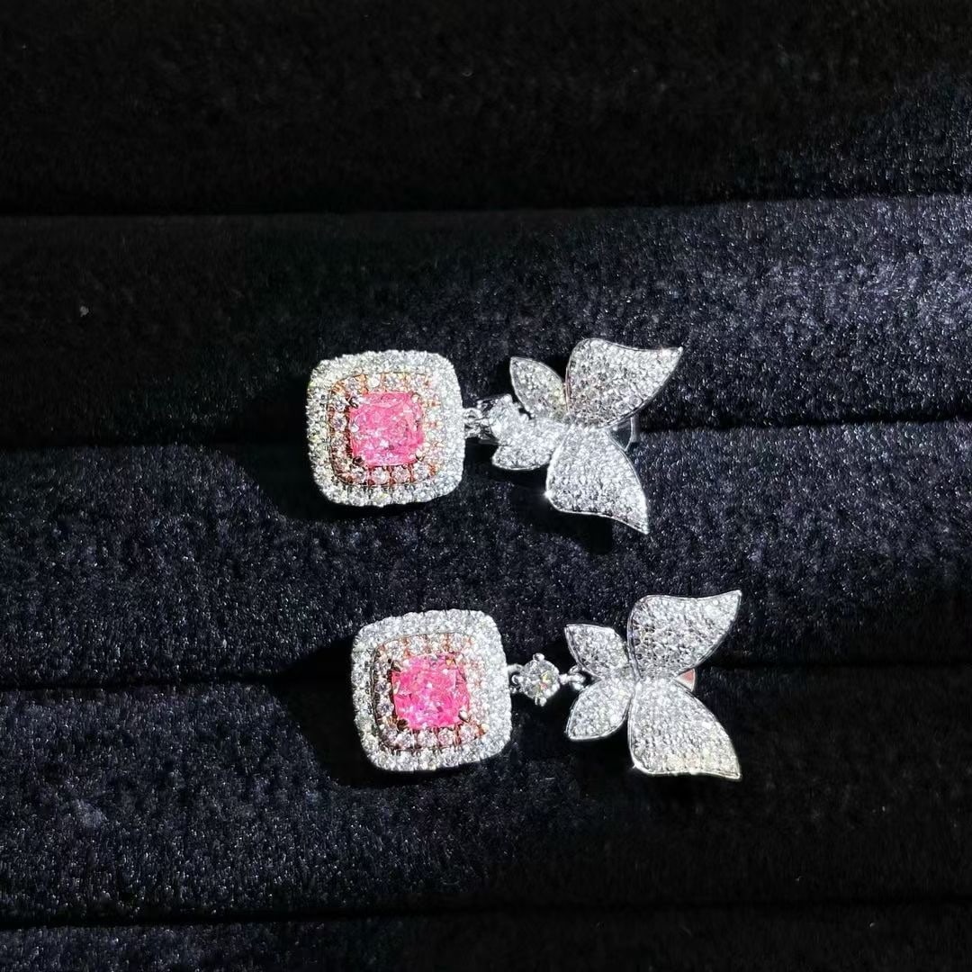 14k Gold 1.84 Ctw Natural Pink Diamond & Diamond & Butterfly Earrings: Ref:230935064 // gold content:14k gold // main gemstone:pink diamond // shape:cushion // carat weight:1. 05ct // color:pink // treatment:natural // // adjacent gemstone 2 : diamond // shape:round