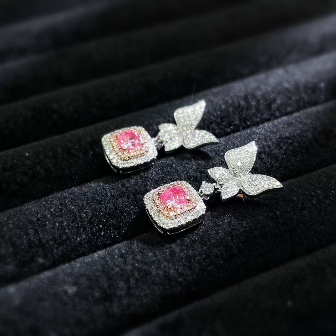 14k Gold 1.84 Ctw Natural Pink Diamond & Diamond & Butterfly Earrings - 2