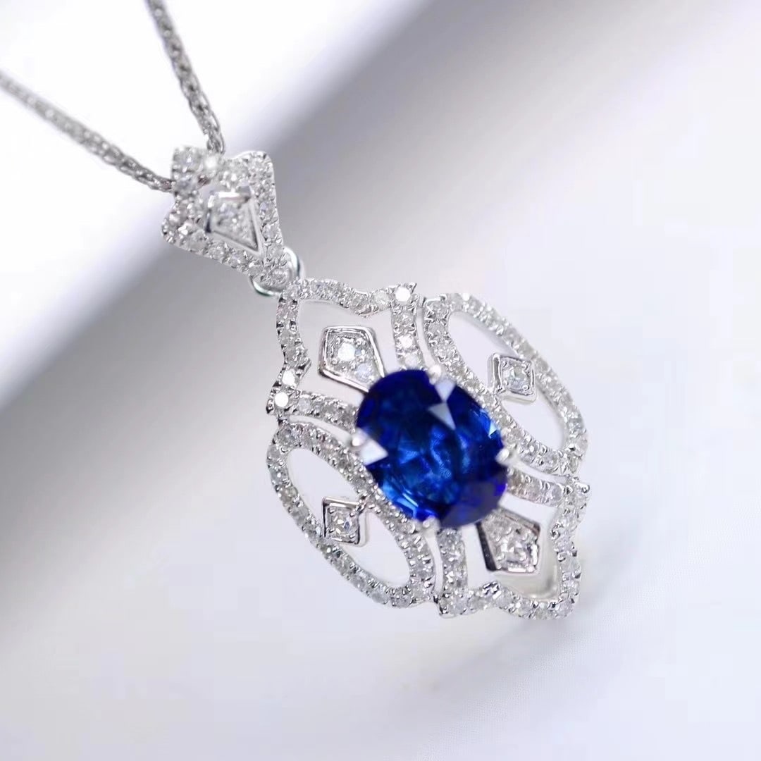 14k Gold 1.42 Ctw Natural Sapphire & Diamond Pendant( Without Chain ) - 2
