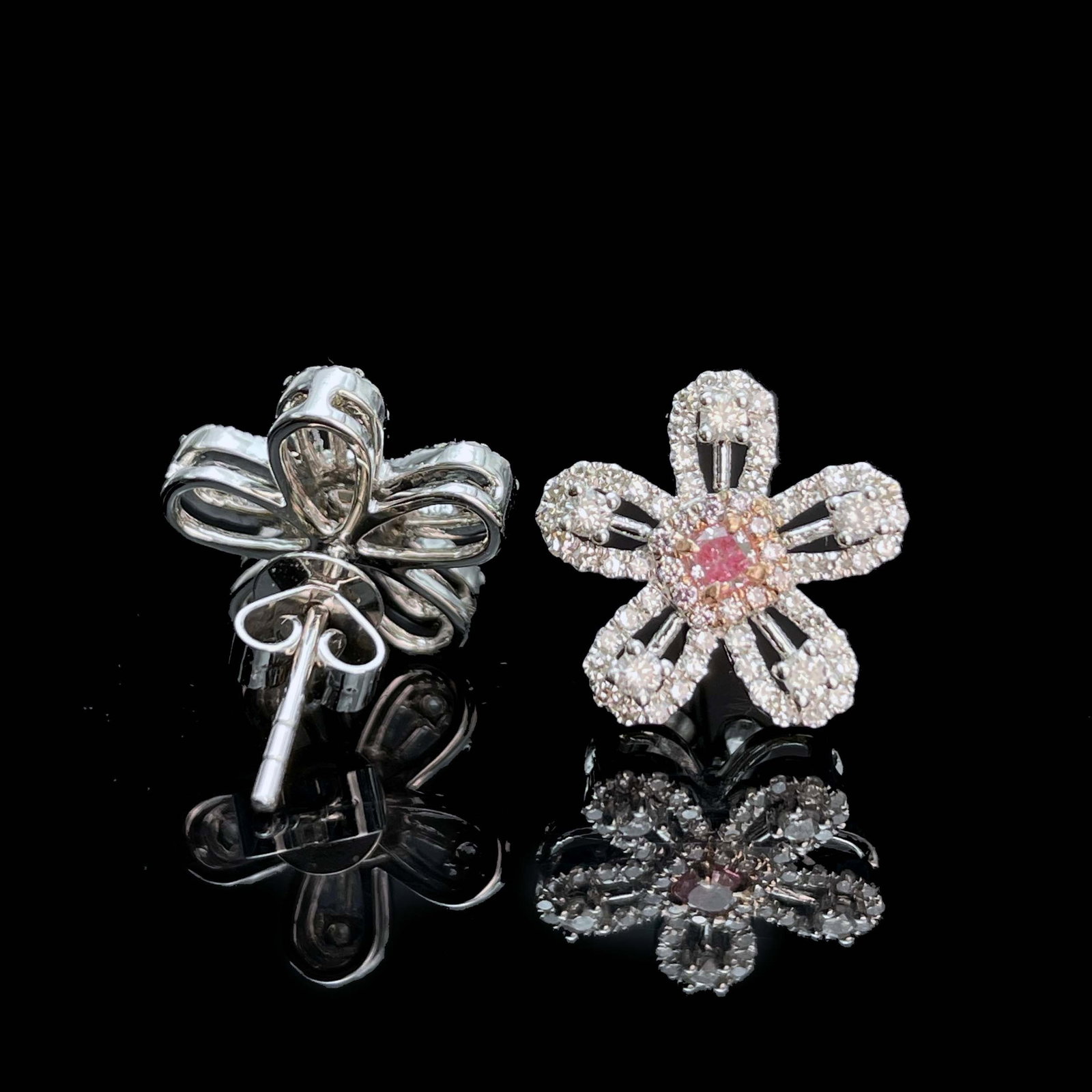 14k Gold 0.56 Ctw Natural Pink Diamond & Diamond & Flowers Earrings - 4