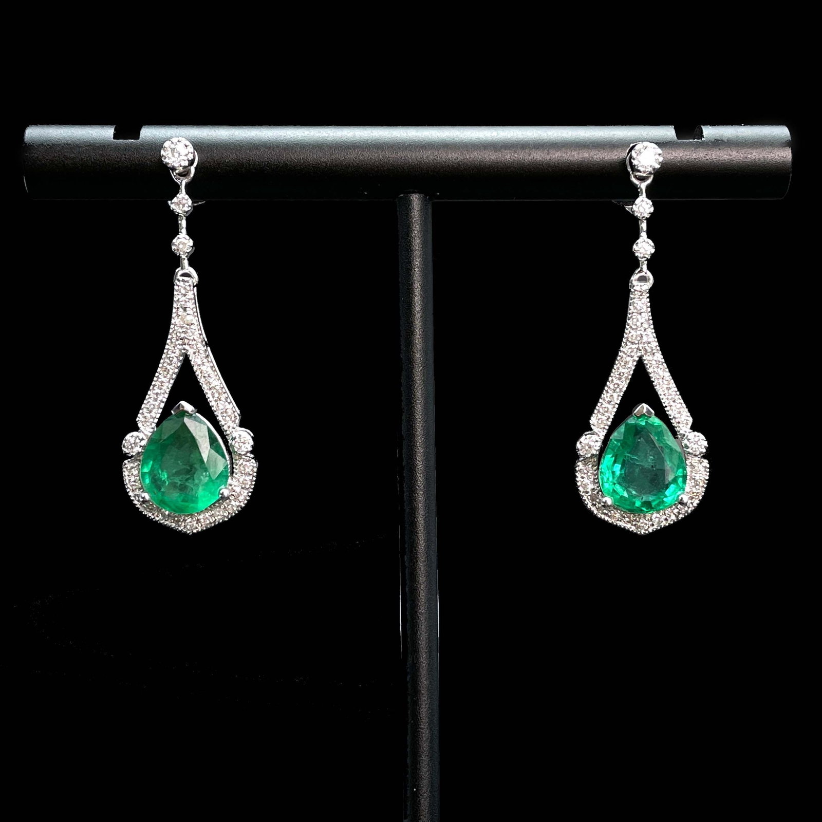 14k Gold 1.29 Ctw Vivid Green Natural Emerald & Diamond Earrings - 3