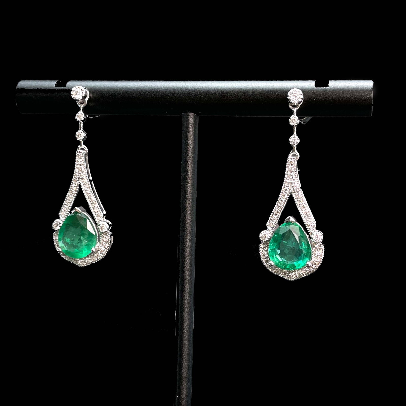 14k Gold 1.29 Ctw Vivid Green Natural Emerald & Diamond Earrings - 4