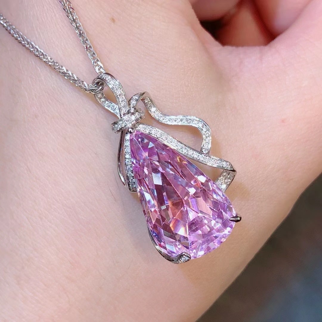 14k Gold 21.68 Ctw Natural Kunzite & Diamond Pendant( Without Chain ) - 2