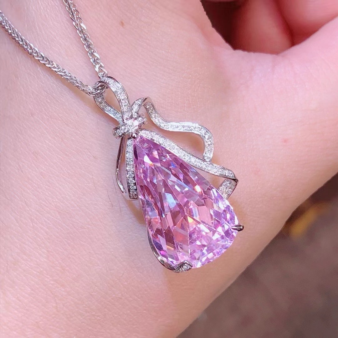 14k Gold 21.68 Ctw Natural Kunzite & Diamond Pendant( Without Chain ) - 4