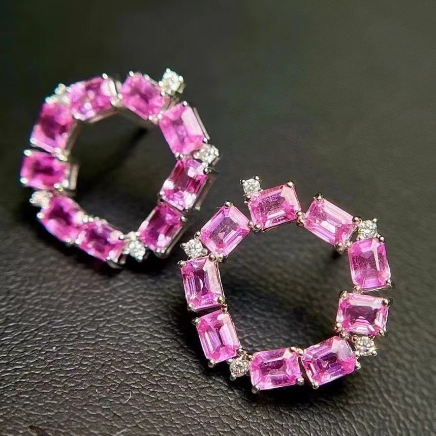 14k Gold 3.73 Ctw Natural Padparadscha Sapphire & Diamond Earrings: Ref:230935166 // gold content:14k gold // main gemstone:padparadscha sapphire // shape:octagonal // carat weight:3. 6ct // color:orangish pink // treatment:natural // // adjacent gemstone 2 : diamond