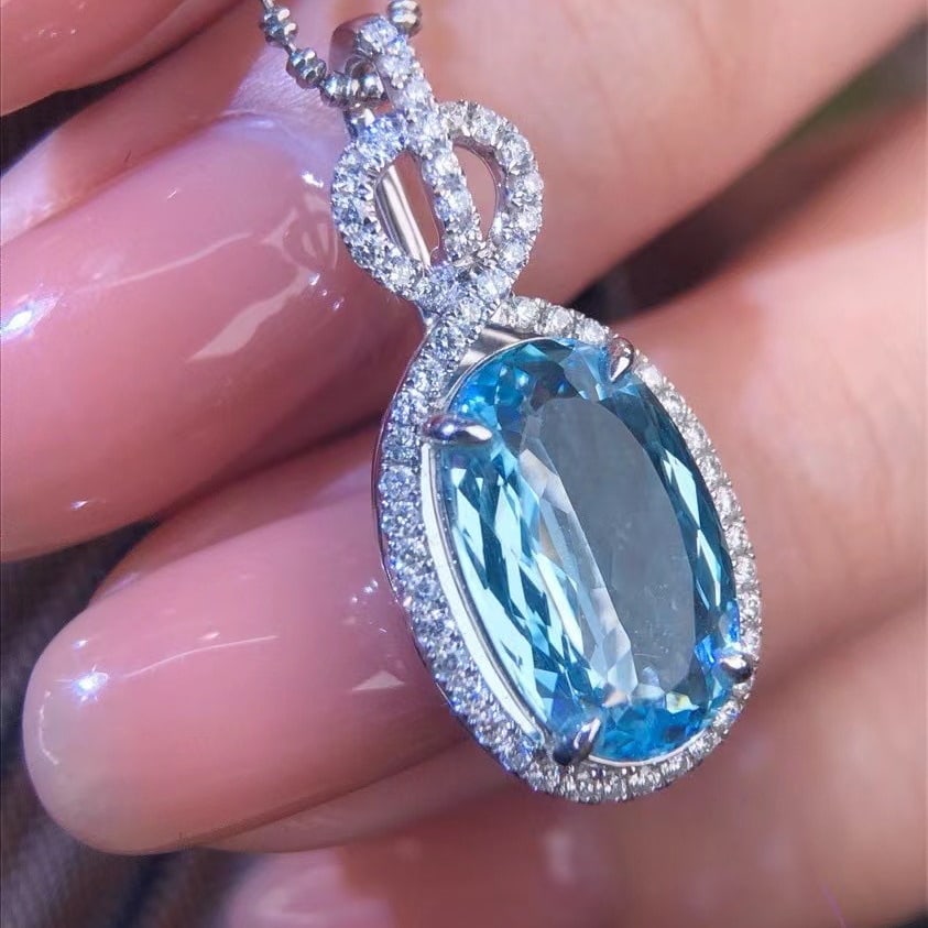 14k Gold 3.31 Ct Natural Aquamarine & Diamond Pendant( Without Chain ) - 3