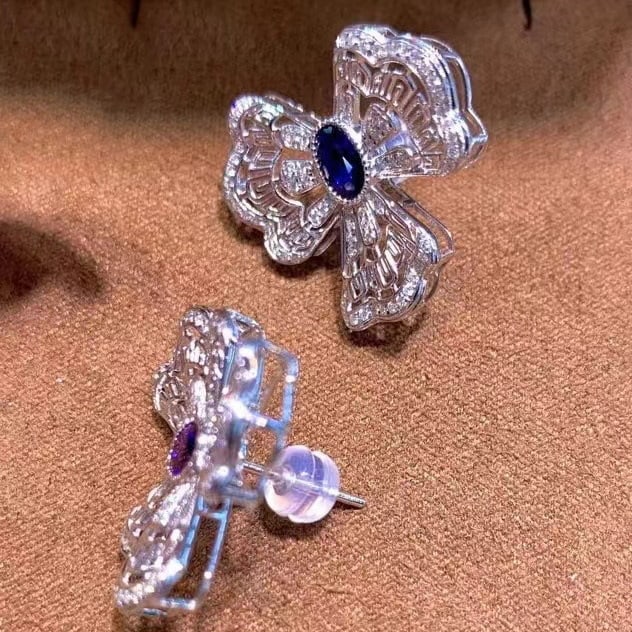 14k Gold 1.56 Ctw Natural Sapphire & Diamond Earrings - 3