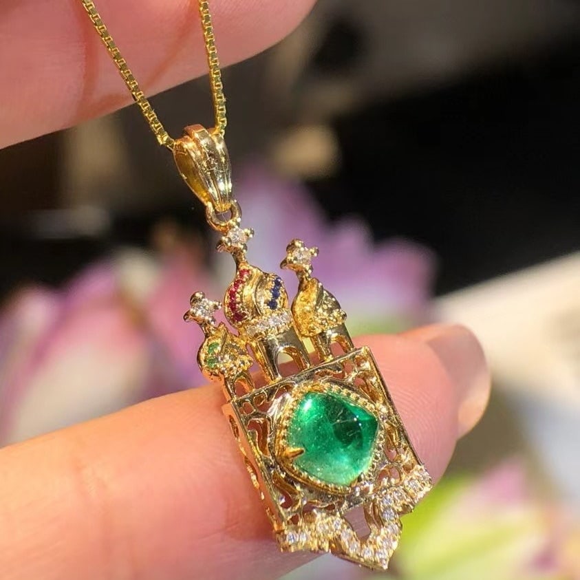 14k Gold 1.06 Ct Natural Emerald & Diamond Pendant( Without Chain ) - 3
