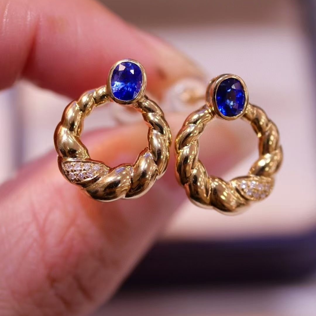 14k Gold 0.68 Ct Natural Sapphire & Diamond Earrings - 2