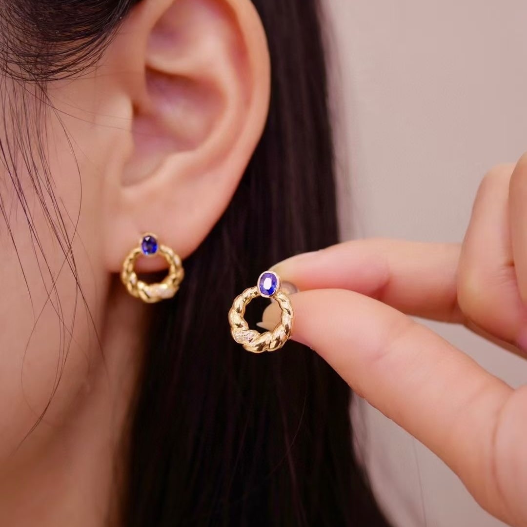 14k Gold 0.68 Ct Natural Sapphire & Diamond Earrings - 3