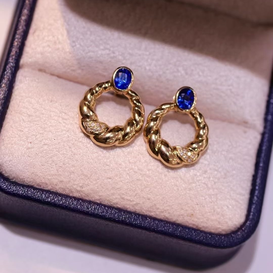 14k Gold 0.68 Ct Natural Sapphire & Diamond Earrings - 4