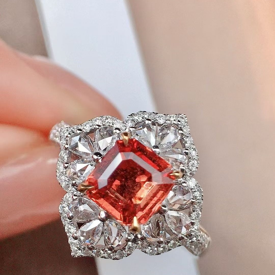 14k Gold 1.82 Ctw Natural Padparadscha Sapphire & Diamond Ring: Ref:230935197 // gold content:14k gold // ring size:7. 25us // // main gemstone:padparadscha sapphire // shape:octagonal // carat weight:1. 26ct // color:pinkish orange // treatment:natural // // adja
