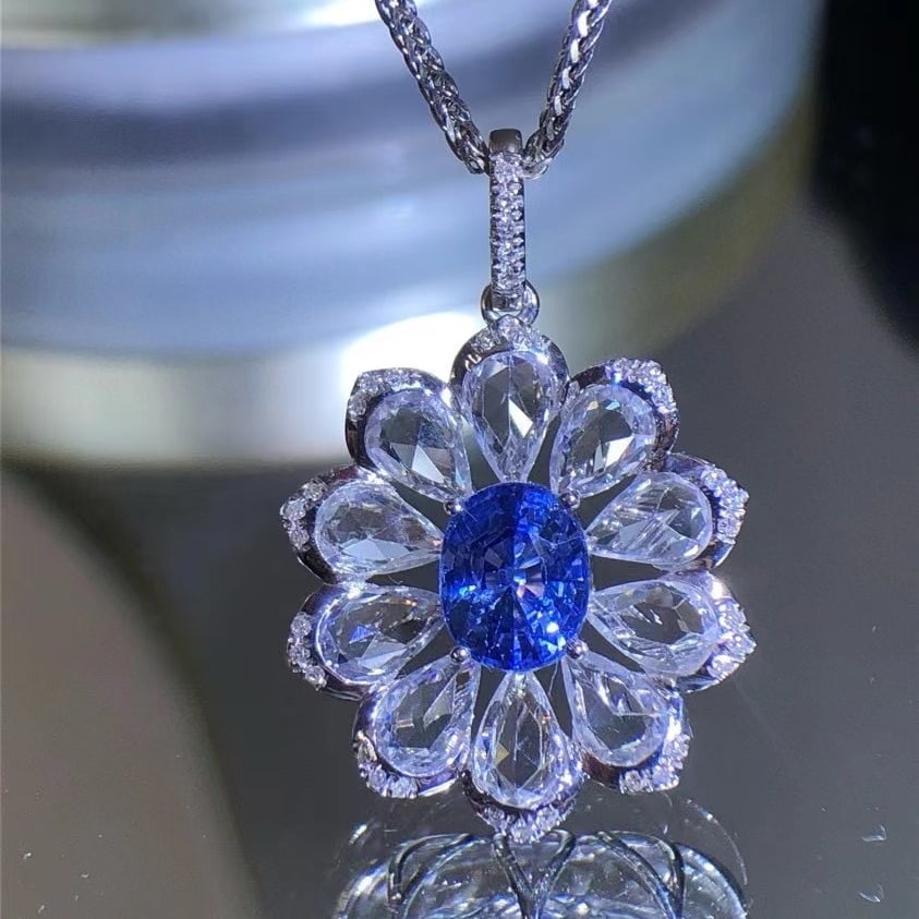 14k Gold 1.35 Ct Natural Sapphire & Diamond & Sapphire Pendant( Without Chain ): Ref:230935205 // gold content:14k gold // main gemstone:sapphire // shape:oval // carat weight:1. 35ct // color:blue // treatment:natural // // adjacent gemstone 2 : diamond // number of stones:35