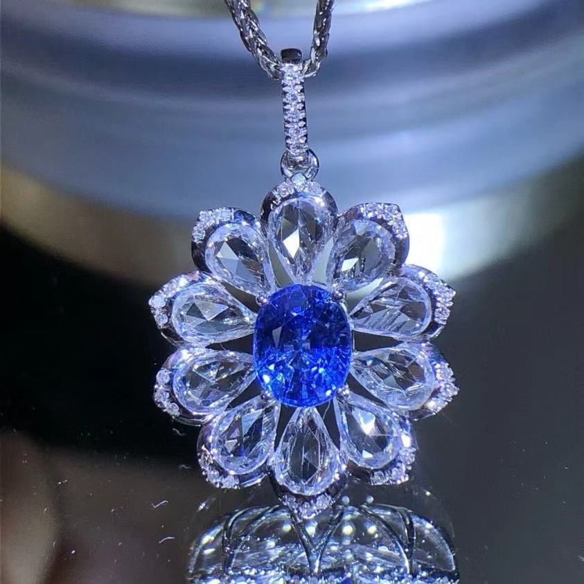 14k Gold 1.35 Ct Natural Sapphire & Diamond & Sapphire Pendant( Without Chain ) - 2