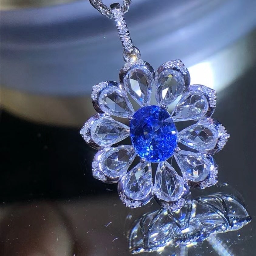 14k Gold 1.35 Ct Natural Sapphire & Diamond & Sapphire Pendant( Without Chain ) - 4