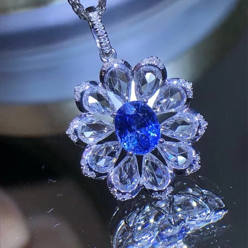 14k Gold 1.35 Ct Natural Sapphire & Diamond & Sapphire Pendant( Without Chain ) - 5