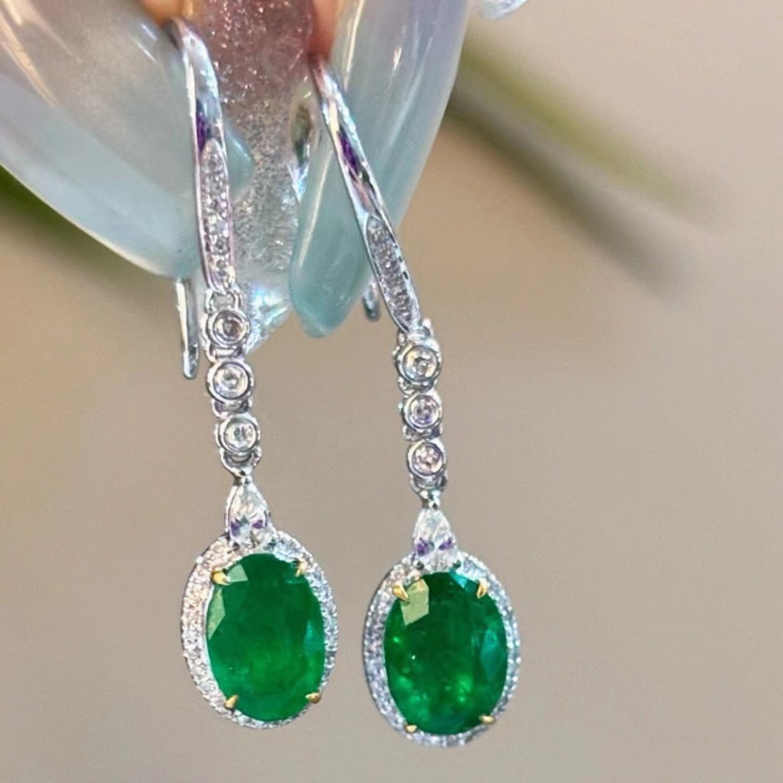 14k Gold 2 Ct Vivid Green Natural Emerald & Diamond Earrings - 2