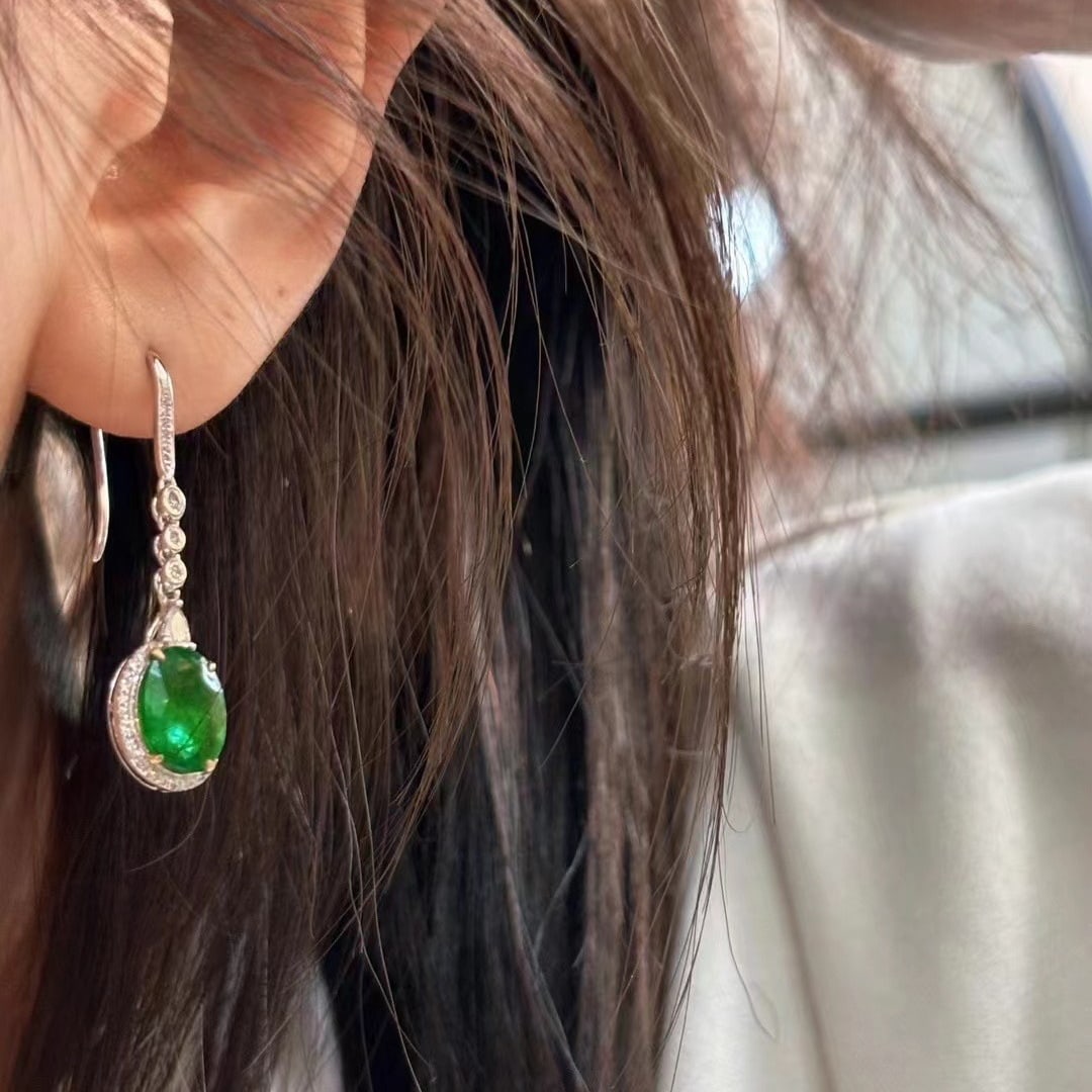 14k Gold 2 Ct Vivid Green Natural Emerald & Diamond Earrings - 4