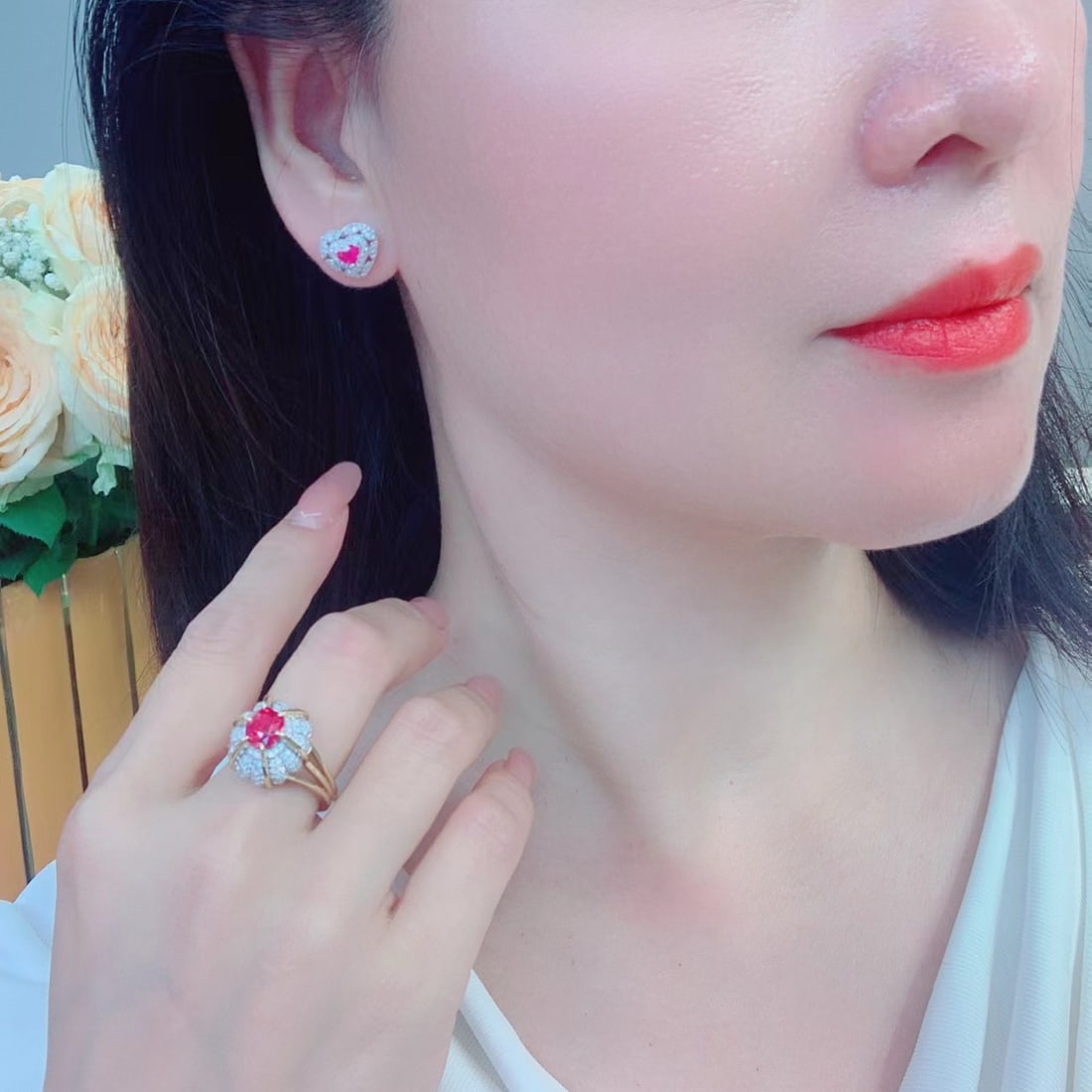 14k Gold 0.77 Ctw Natural Ruby & Diamond Earrings - 6