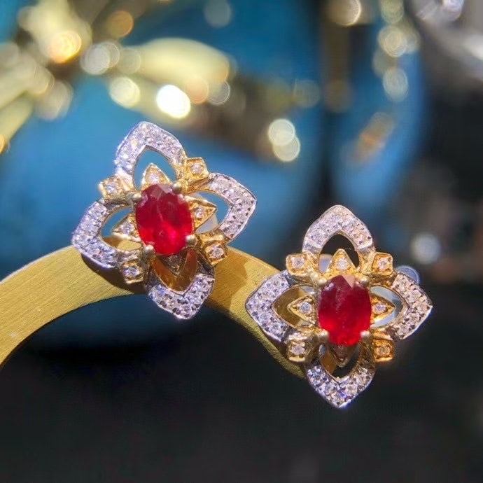 14k Gold 0.67 Ctw Vivid Red Natural Ruby & Diamond Earrings - 5