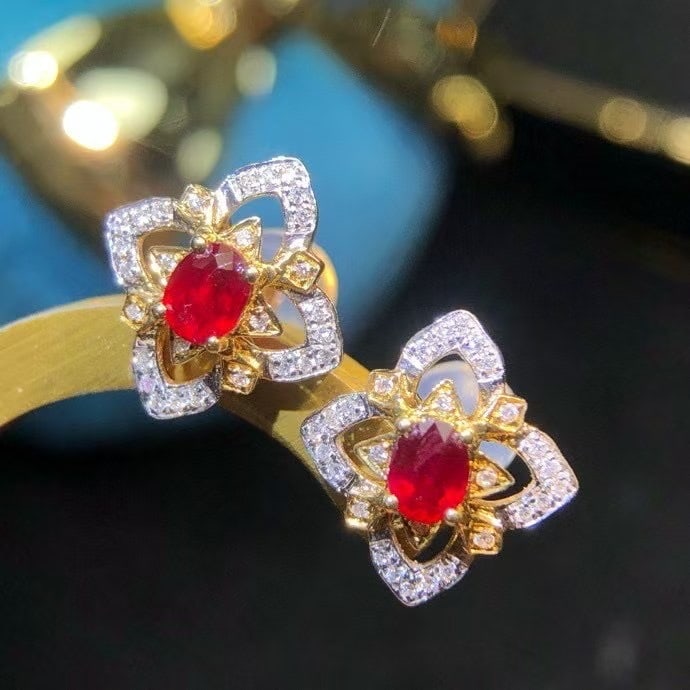 14k Gold 0.67 Ctw Vivid Red Natural Ruby & Diamond Earrings - 7