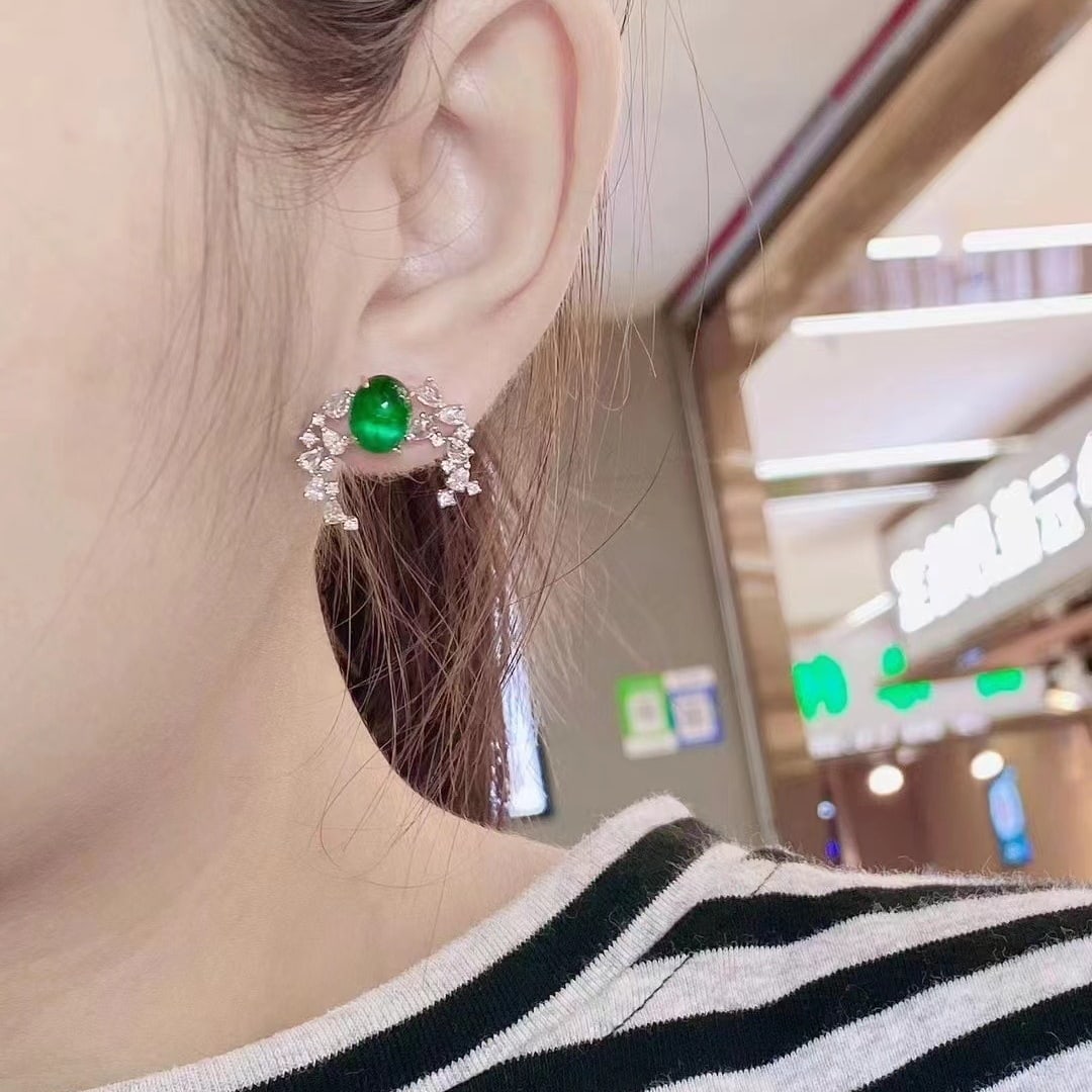 14k Gold 5.86 Ctw Vivid Green Natural Emerald & Diamond Earrings - 4