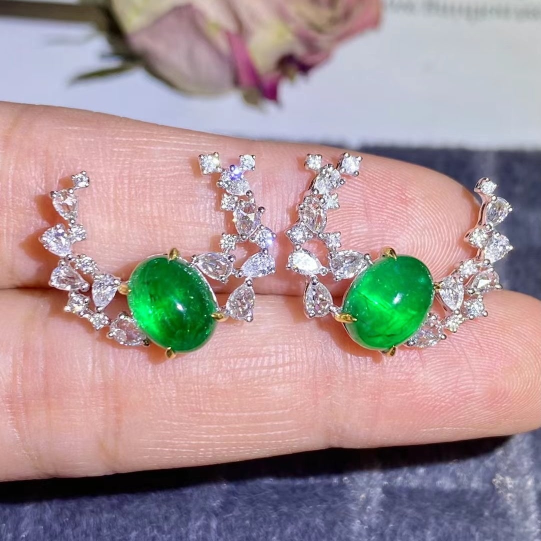 14k Gold 5.86 Ctw Vivid Green Natural Emerald & Diamond Earrings - 5