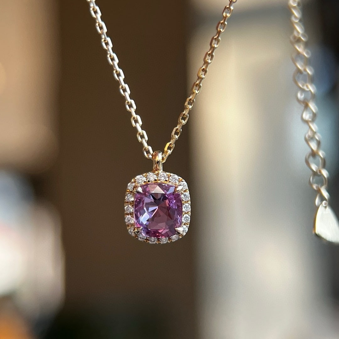 14k Gold 1.09 Ctw Natural Sapphire & Diamond Necklace: Ref:230935236 // gold content:14k gold // main gemstone:sapphire // shape:cushion // carat weight:1. 02ct // color:purple // treatment:natural // // adjacent gemstone 2 : diamond // shape:round //