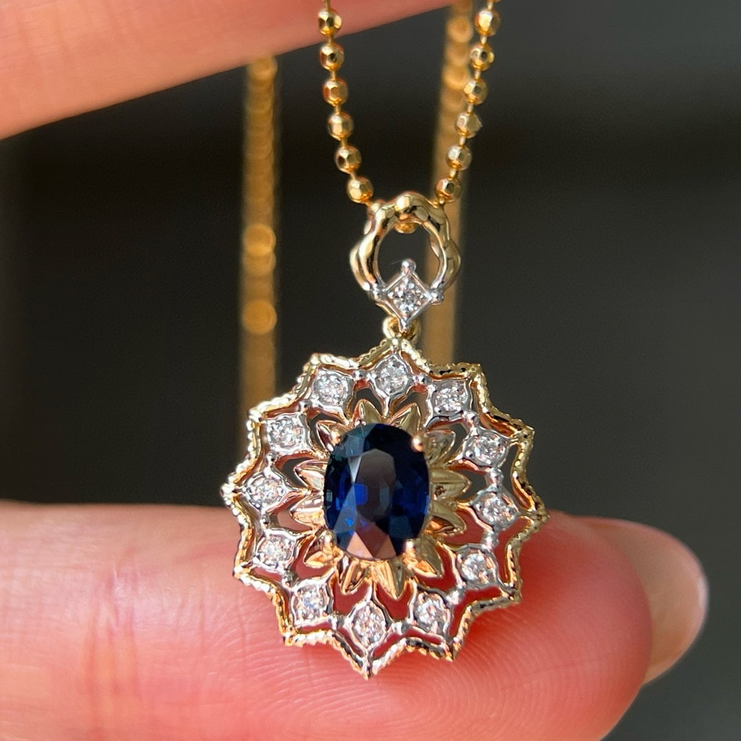 14k Gold 1.12 Ctw Natural Sapphire & Diamond Pendant( Without Chain ): Ref:230935240 // gold content:14k gold // main gemstone:sapphire // shape:oval // carat weight:1. 05ct // color:blue // treatment:natural // // adjacent gemstone 2 : diamond // shape:round // carat we