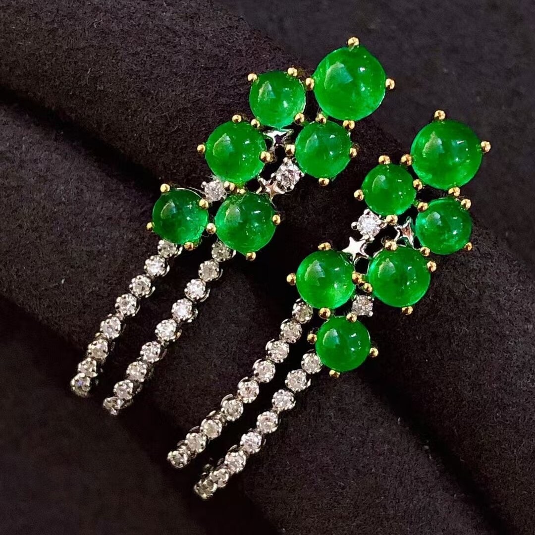 14k Gold 4.15 Ct Vivid Green Natural Emerald & Diamond Earrings - 2