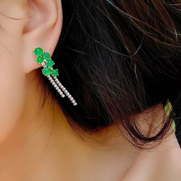 14k Gold 4.15 Ct Vivid Green Natural Emerald & Diamond Earrings - 4