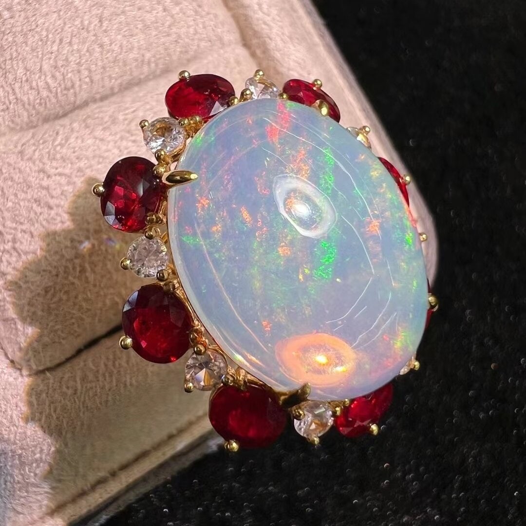 14k Gold 18.46 Ctw Natural Opal & Ruby Ring - 2