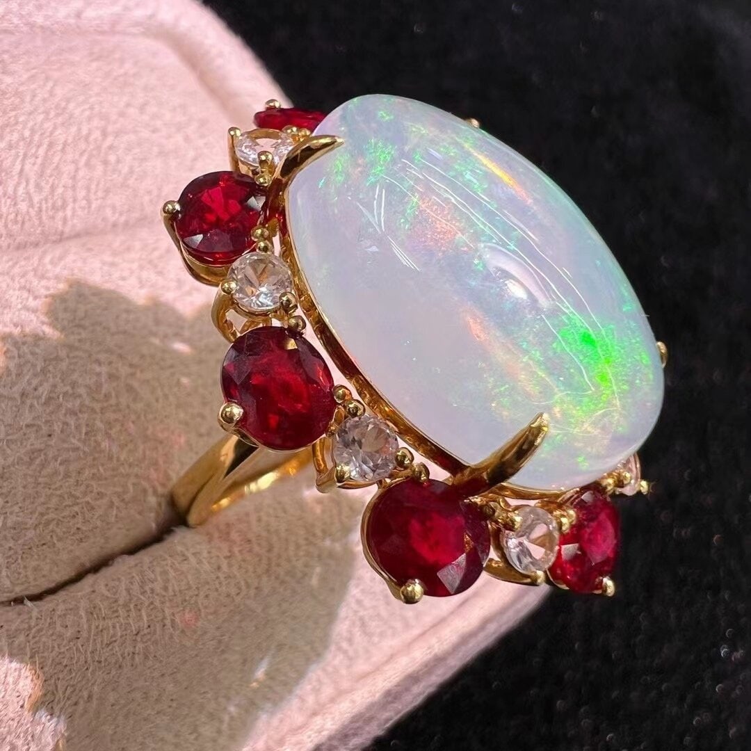 14k Gold 18.46 Ctw Natural Opal & Ruby Ring - 3
